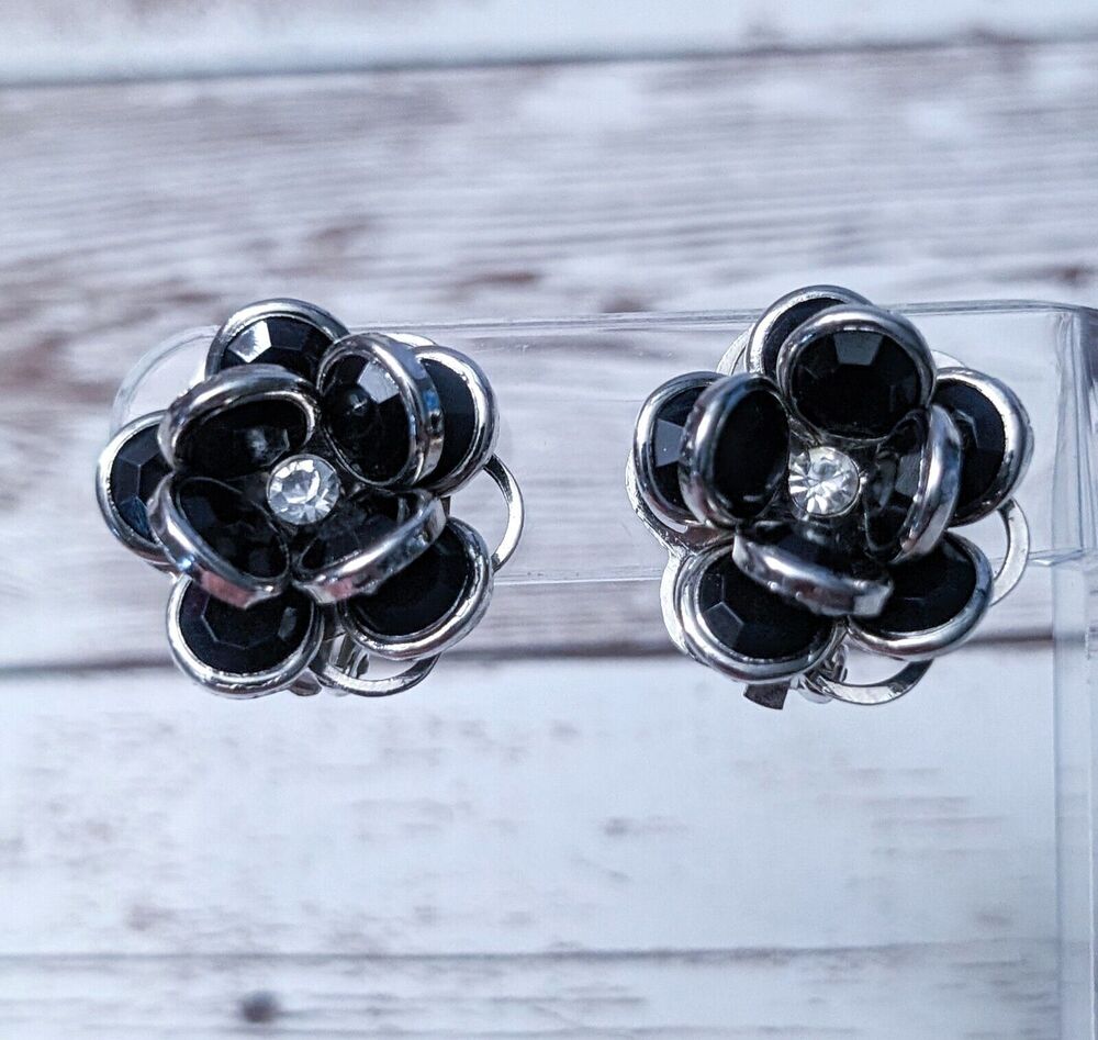 Vintage Clip On Earrings - Black & Silver Tone Flower with Clear Gem